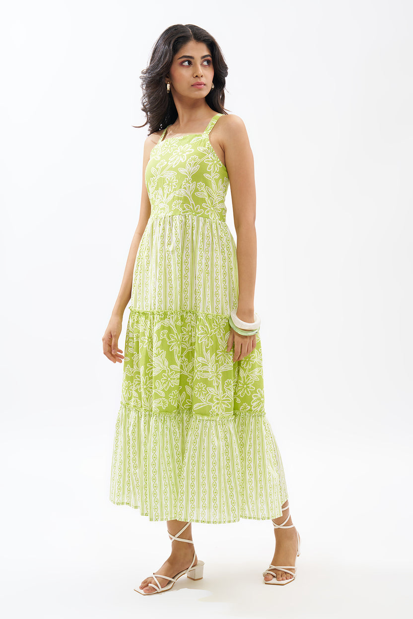 Lime Printed Sleeveless Tiered Dress For Women - Image 4