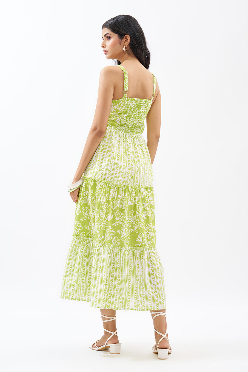 Lime Printed Sleeveless Tiered Dress For Women - Image 5