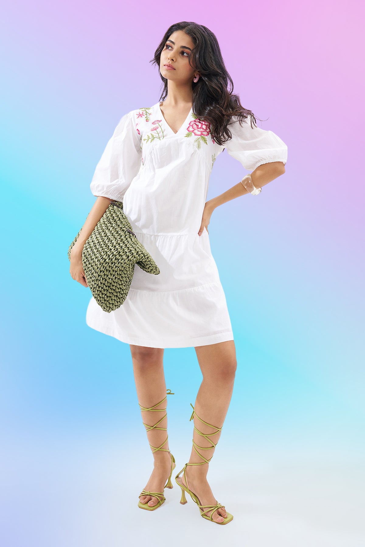 White Tiered Embroidered Dress for Women - Image 1