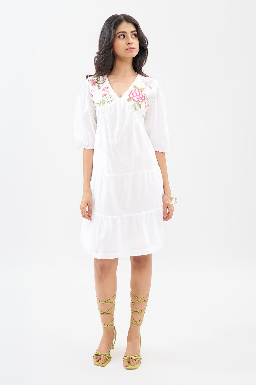 White Tiered Embroidered Dress for Women - Image 3