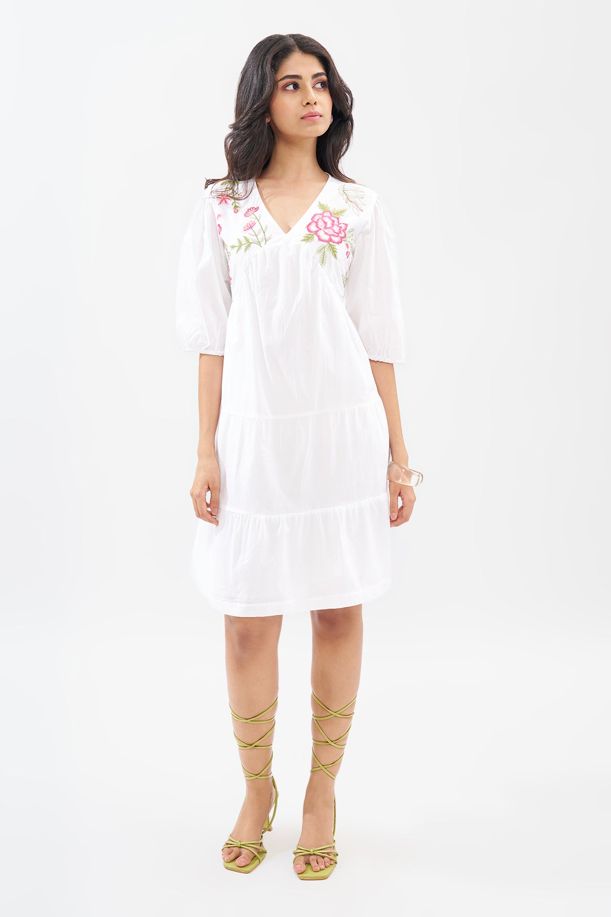 White Tiered Embroidered Dress for Women - Image 3