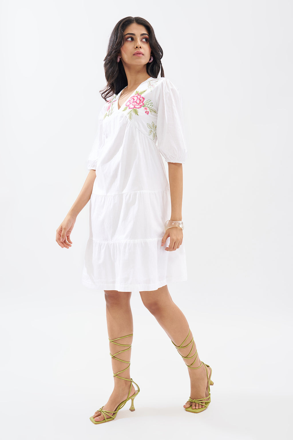 White Tiered Embroidered Dress for Women - Image 2
