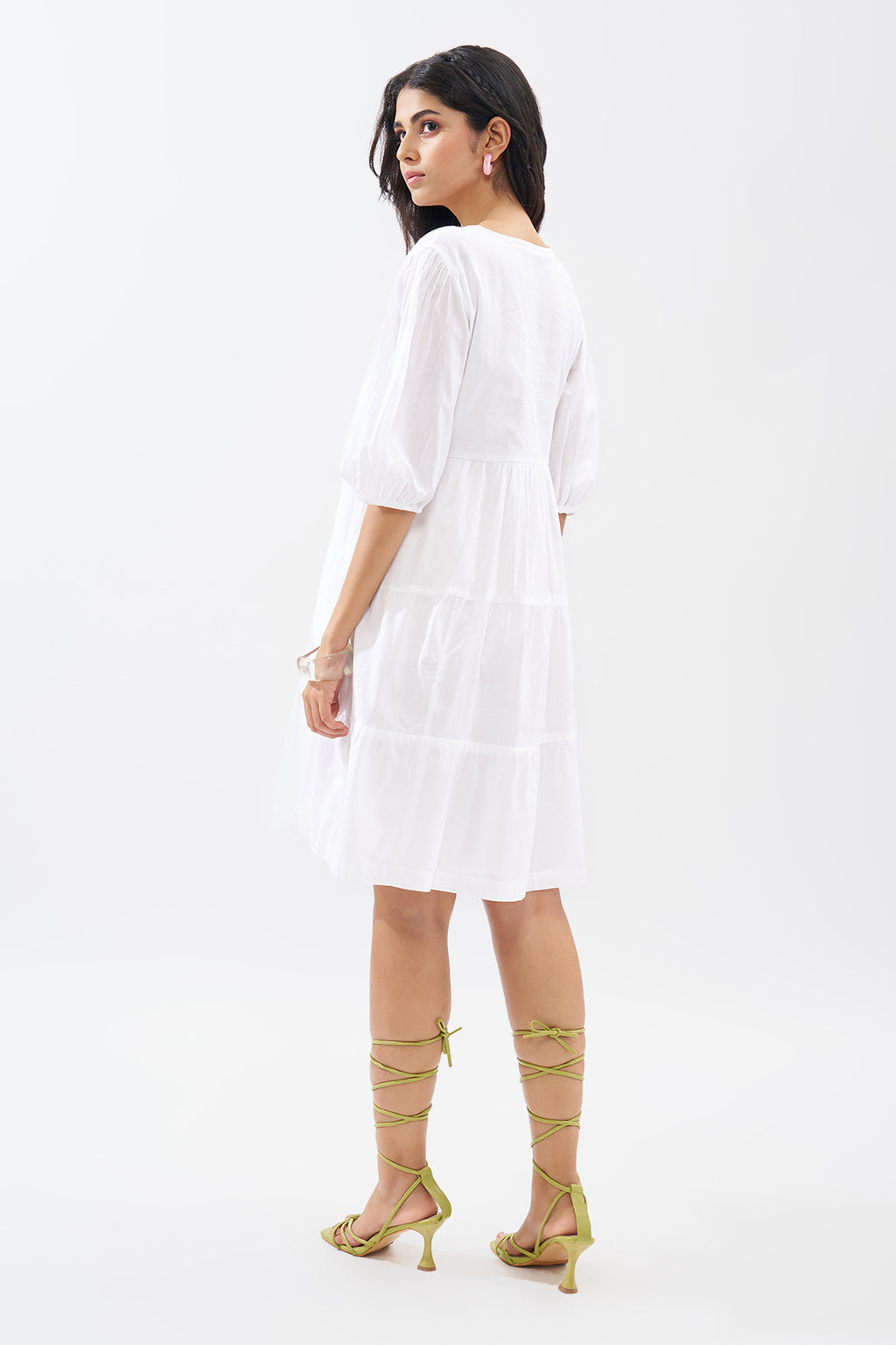 White Tiered Embroidered Dress for Women - Image 4