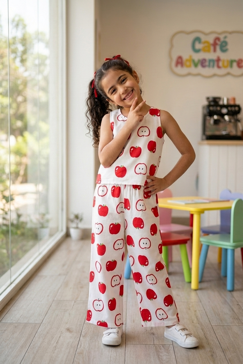 Red Apple All - Over Printed Regular Fit Co-ord Set for Girls - Image 1