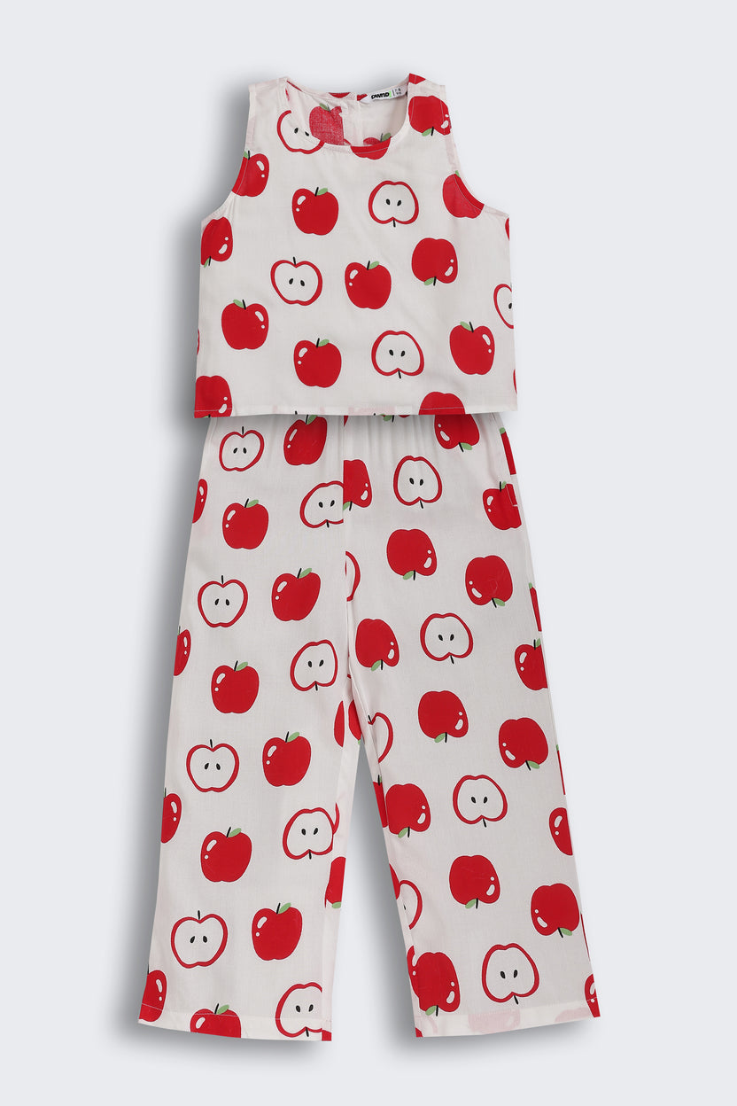 Red Apple All - Over Printed Regular Fit Co-ord Set for Girls - Image 2