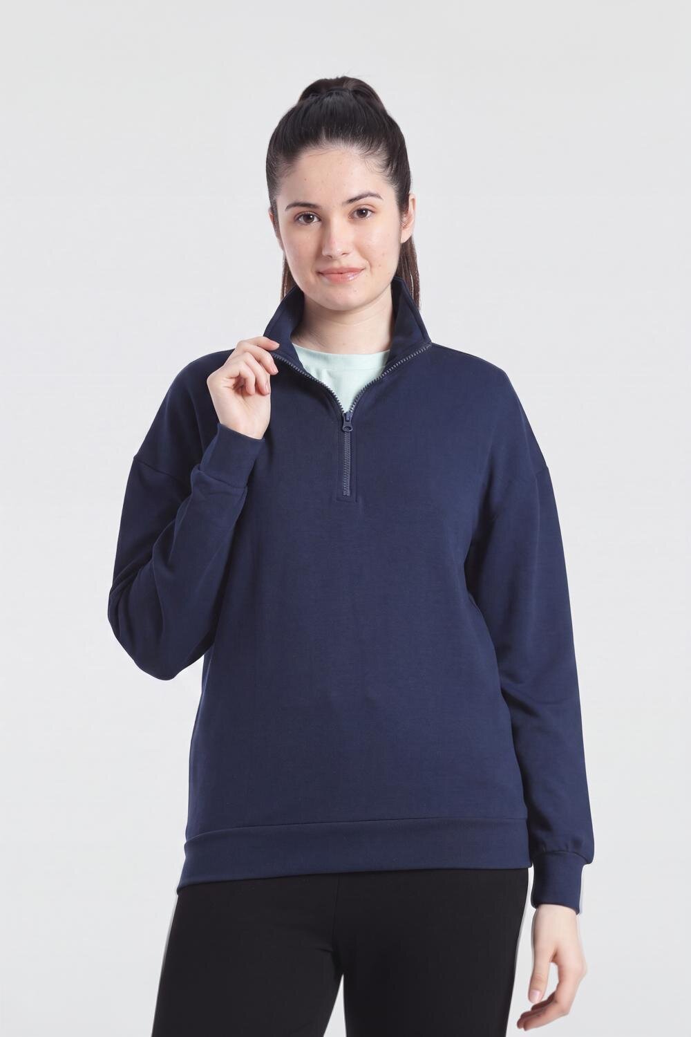 Navy Drop Shoulder Sleeves Regular Fit Sweatshirt for Women - Image 2