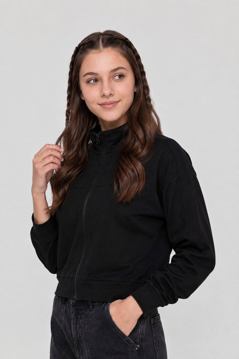 Black Solid Regular Fit Jacket for Women - Image 4