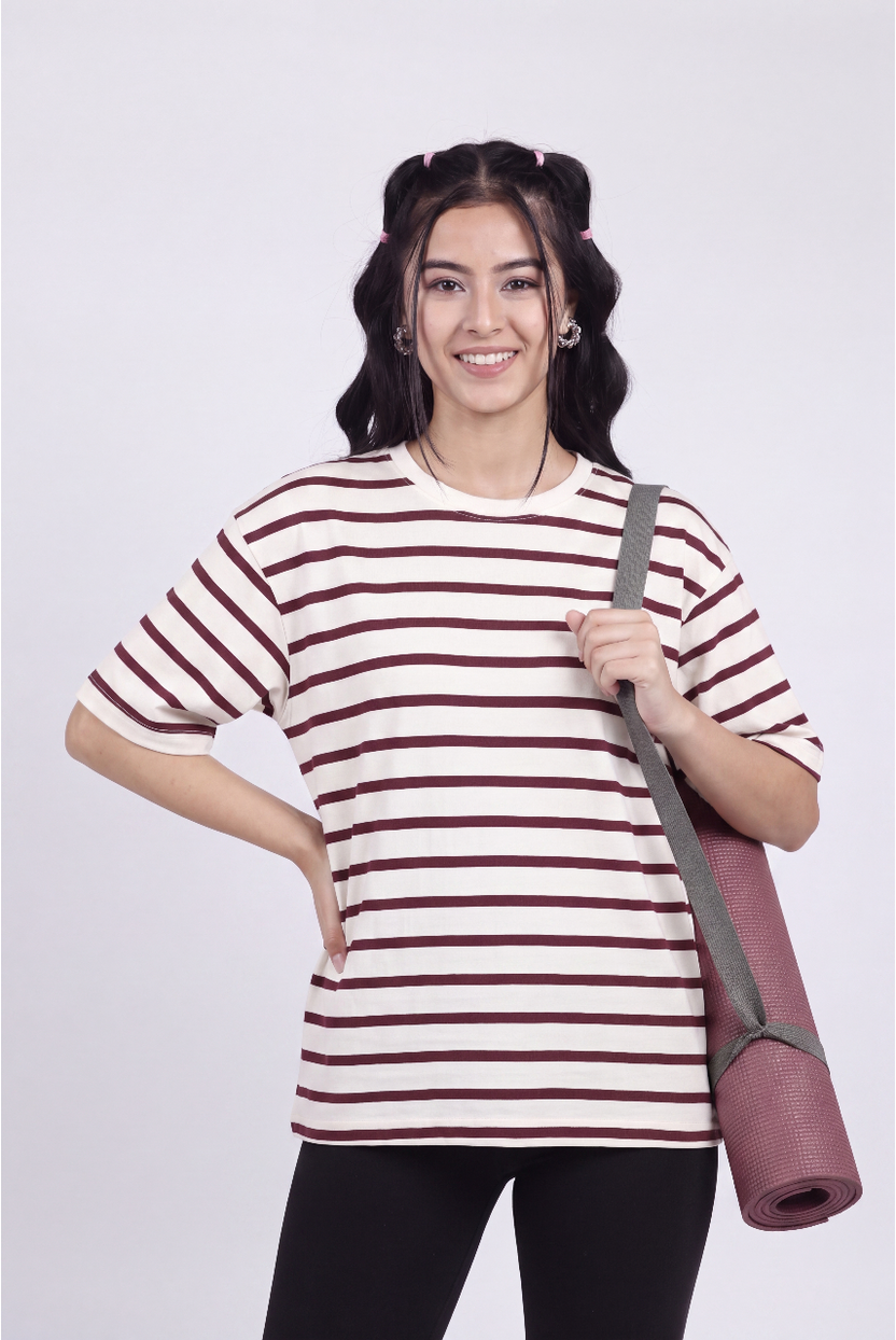 Cream Striped Regular Fit T-Shirt for Women - Image 1