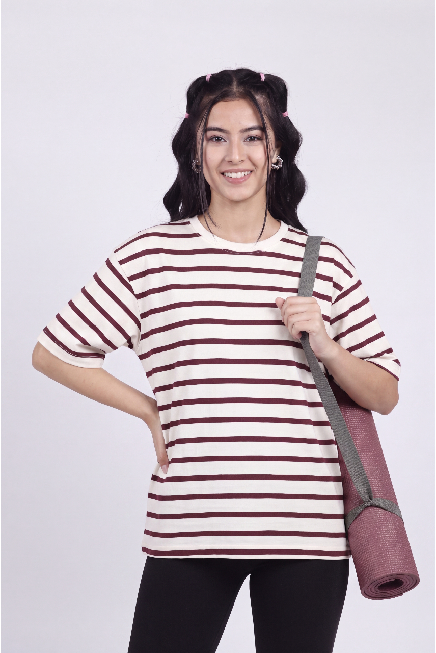 Cream Striped Regular Fit T-Shirt for Women - Image 1