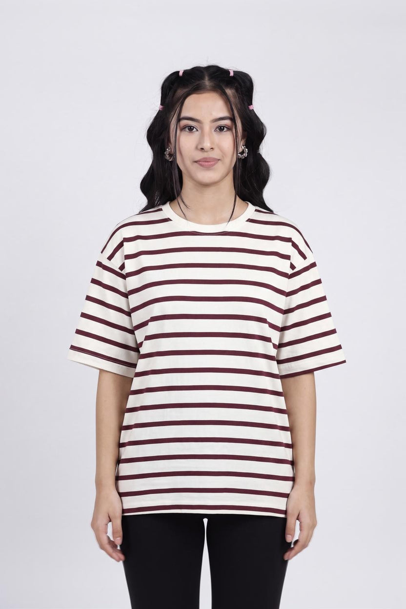 Cream Striped Regular Fit T-Shirt for Women - Image 2