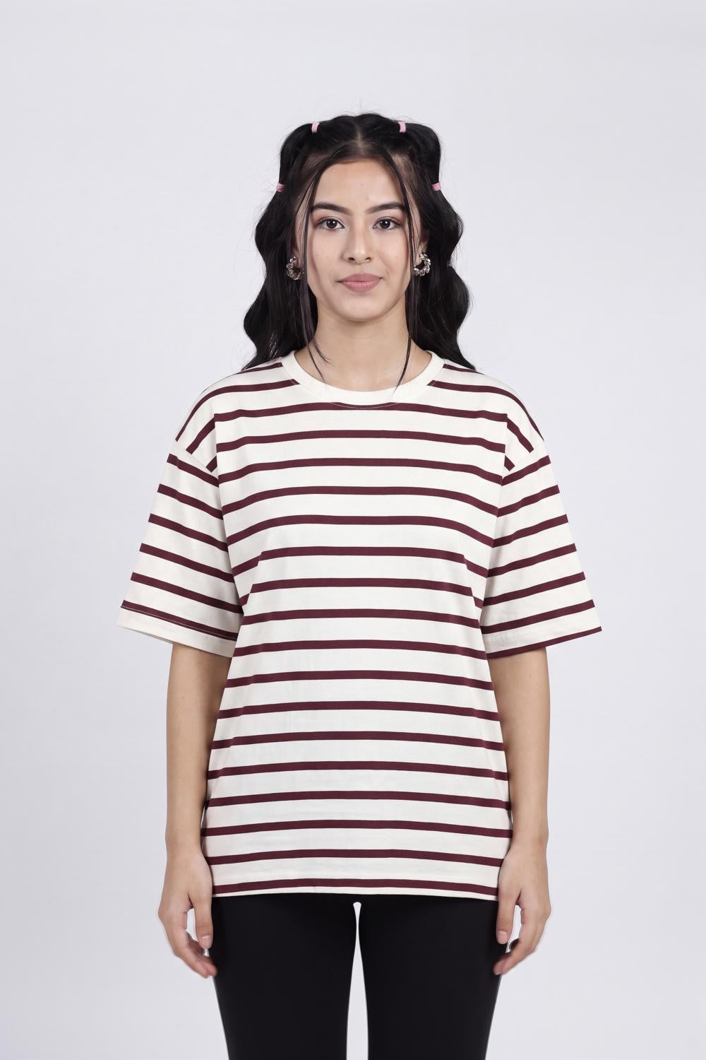 Cream Striped Regular Fit T-Shirt for Women - Image 2