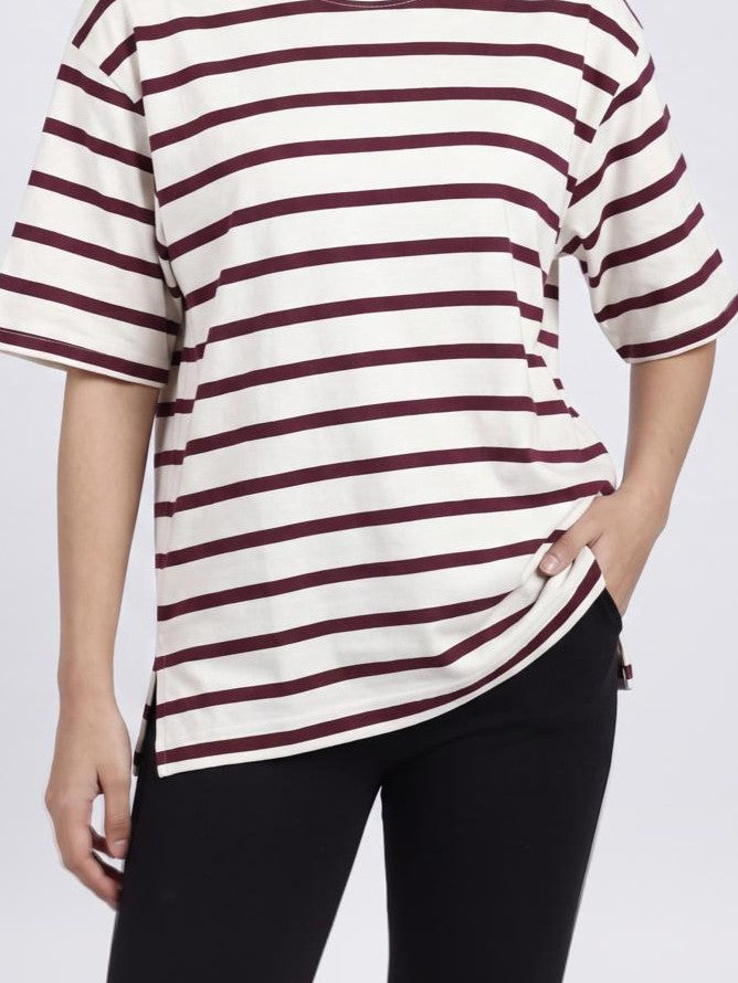 Cream Striped Regular Fit T-Shirt for Women - Image 3