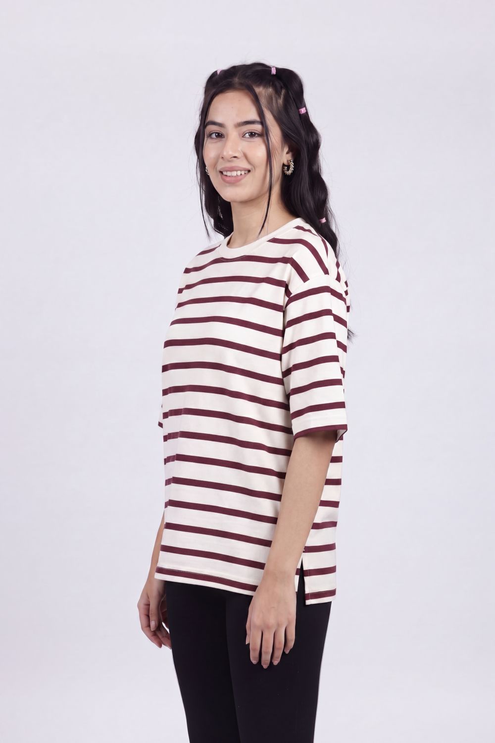 Cream Striped Regular Fit T-Shirt for Women - Image 4
