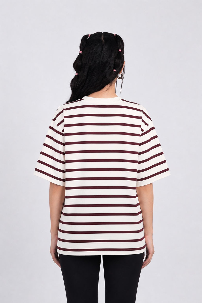 Cream Striped Regular Fit T-Shirt for Women - Image 5