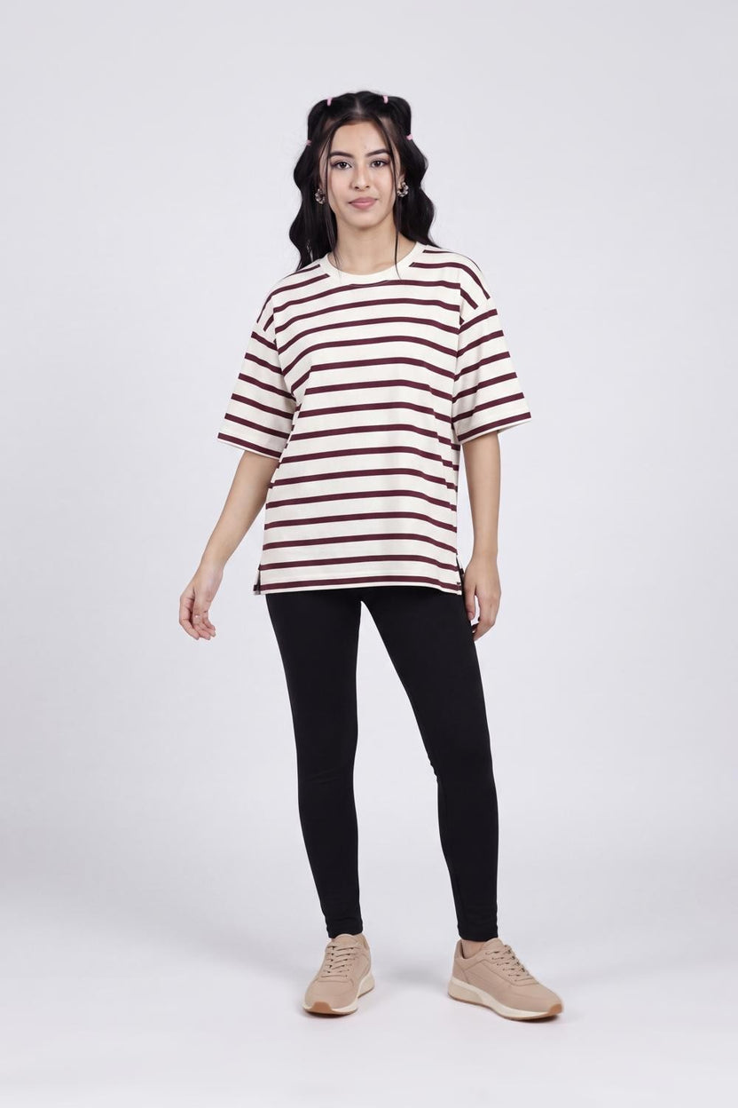 Cream Striped Regular Fit T-Shirt for Women - Image 6