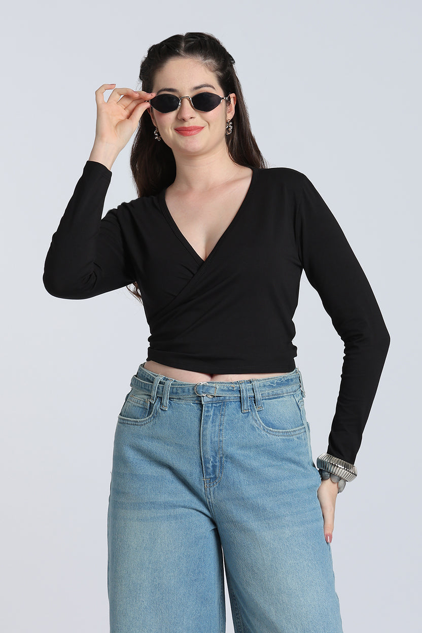 Black Regular Fit Wrap Top for Women - Image 1