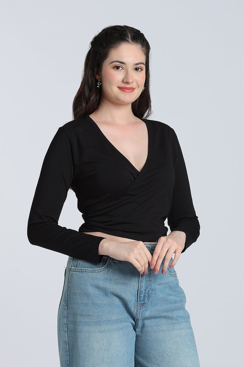 Black Regular Fit Wrap Top for Women - Image 4