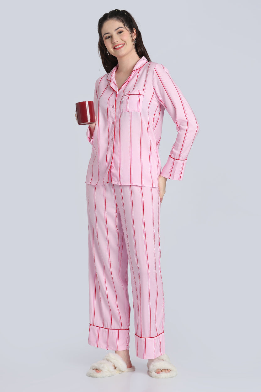 Pink Stripes Relaxed Fit Nightwear Set for Women - Image 1