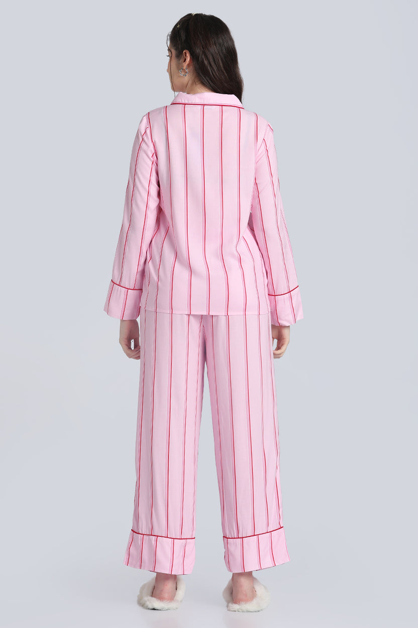 Pink Stripes Relaxed Fit Nightwear Set for Women - Image 5