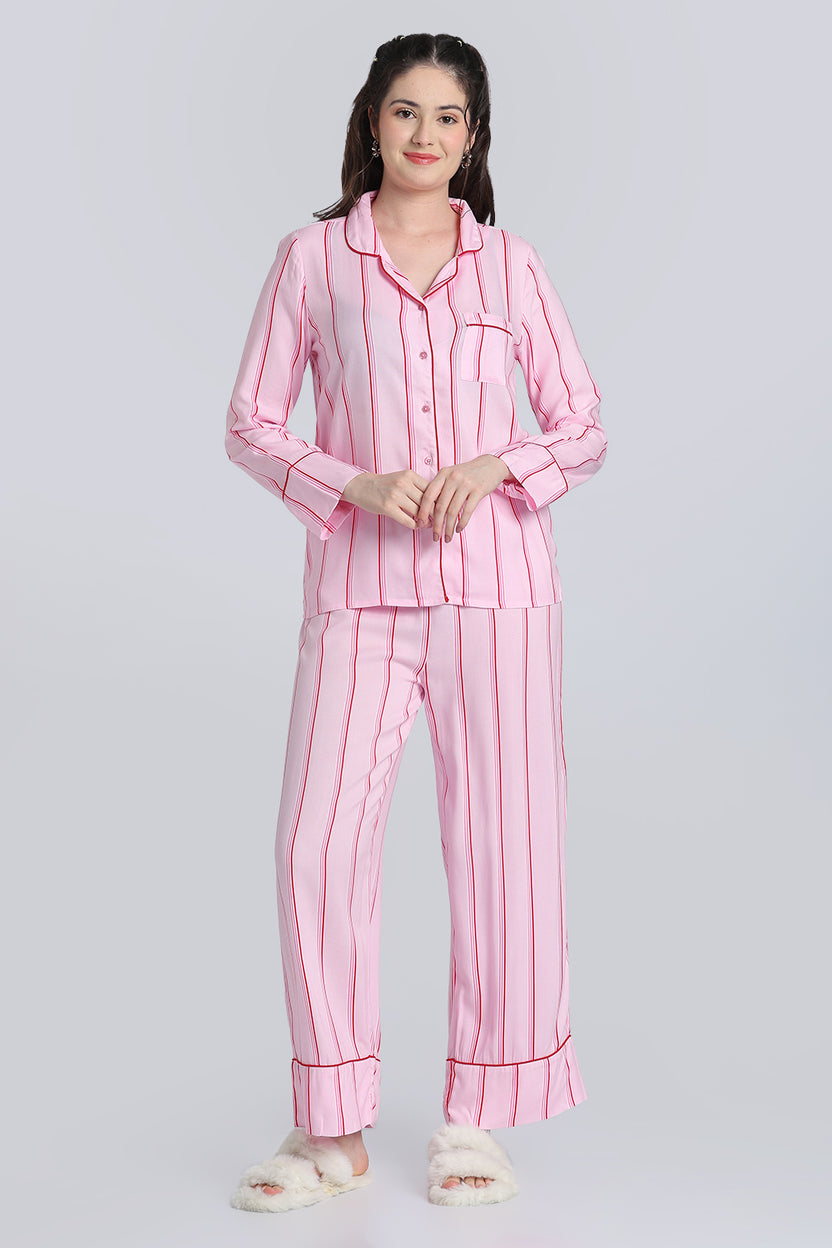 Pink Stripes Relaxed Fit Nightwear Set for Women - Image 6