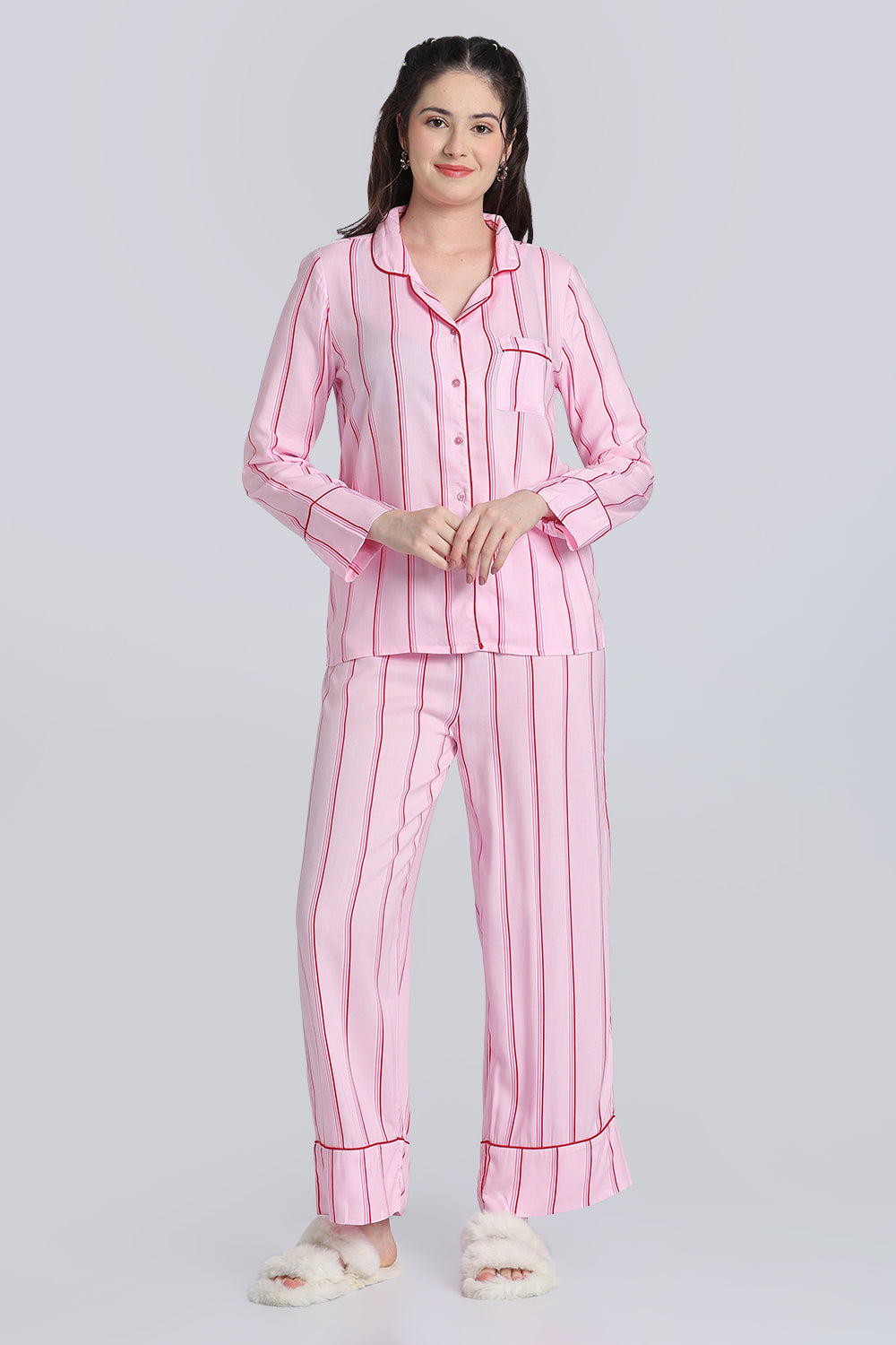 Pink Stripes Relaxed Fit Nightwear Set for Women - Image 6