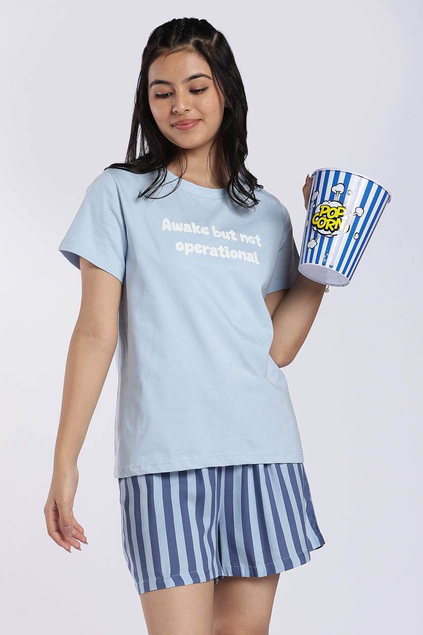 Light Blue Typographic Print Night Suit for Women - Image 1