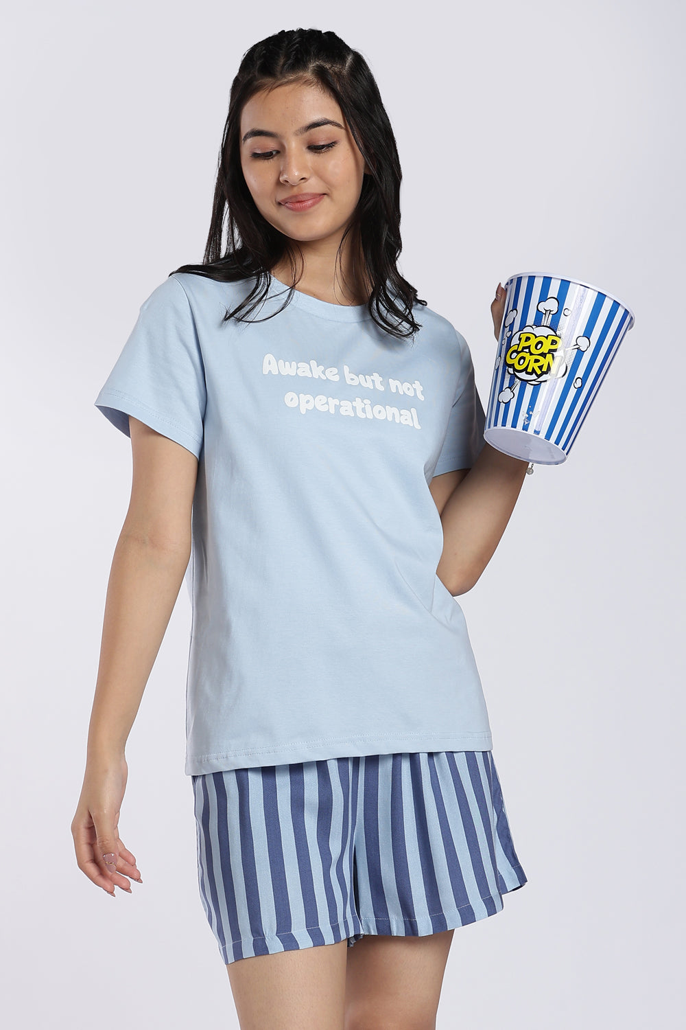 Light Blue Typographic Print Night Suit for Women - Image 1