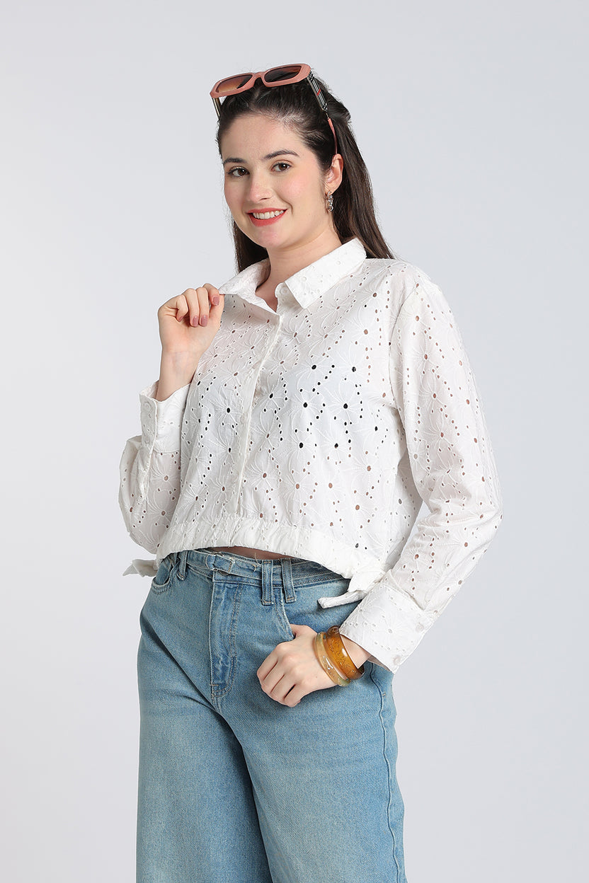White Cut Work Boxy Fit Shirt for Women - Image 1