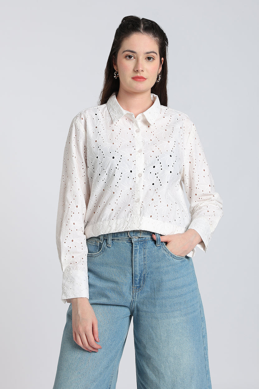 White Cut Work Boxy Fit Shirt for Women - Image 2