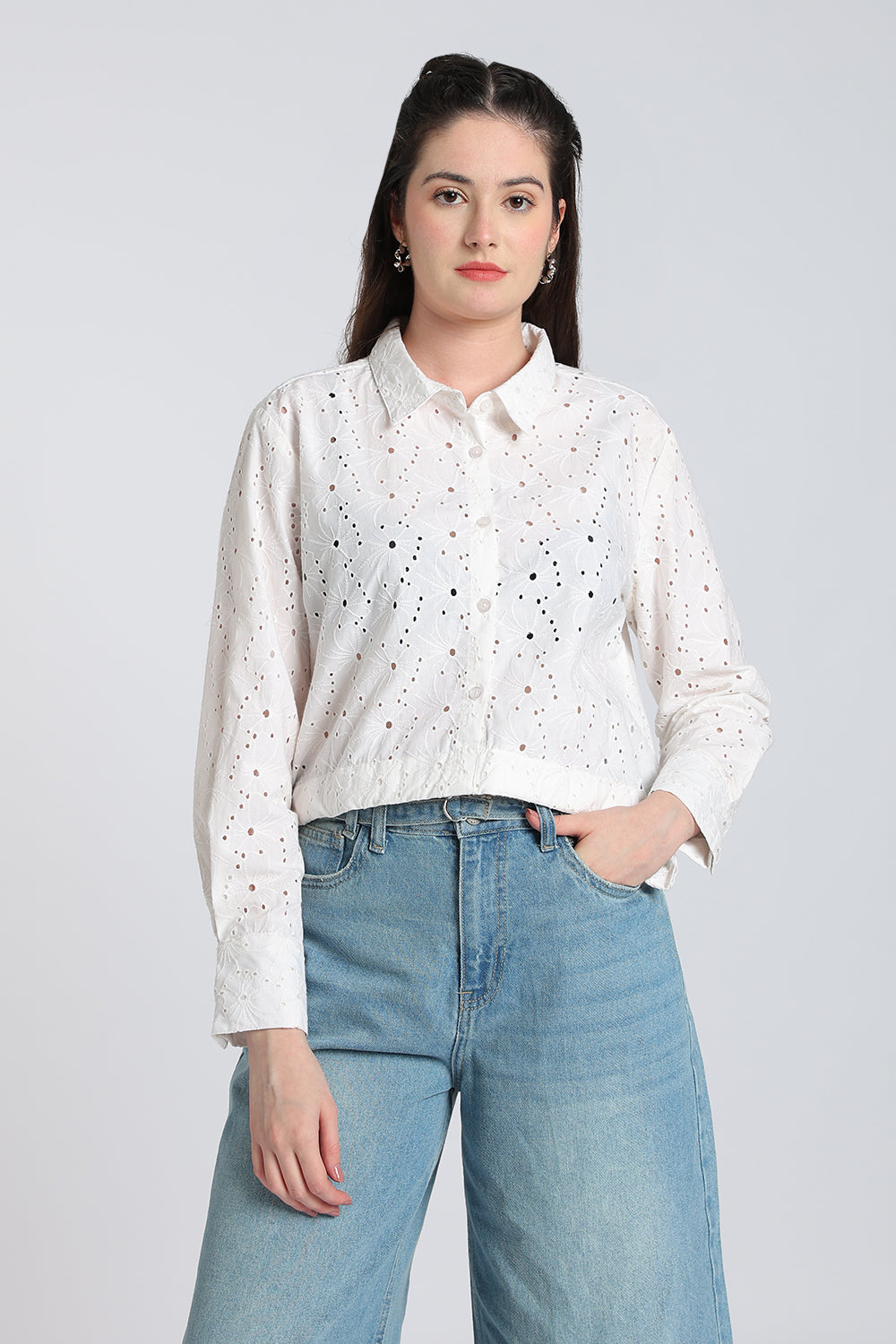 White Cut Work Boxy Fit Shirt for Women - Image 2