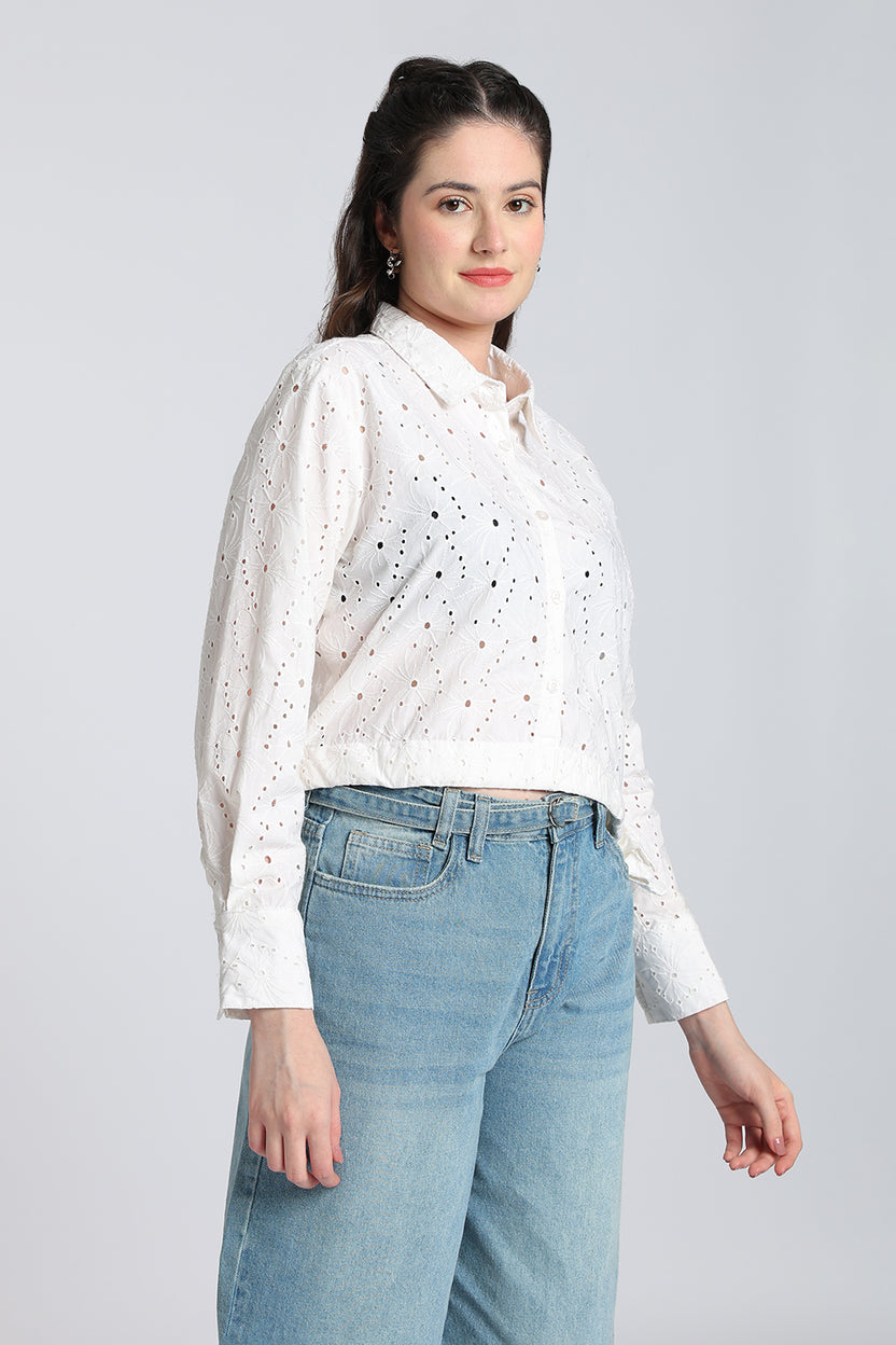 White Cut Work Boxy Fit Shirt for Women - Image 4