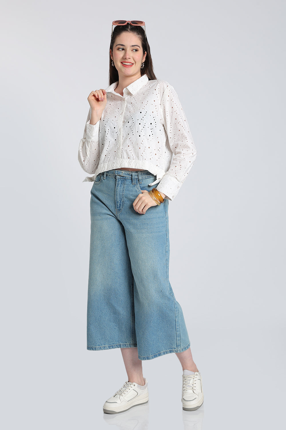 White Cut Work Boxy Fit Shirt for Women - Image 6