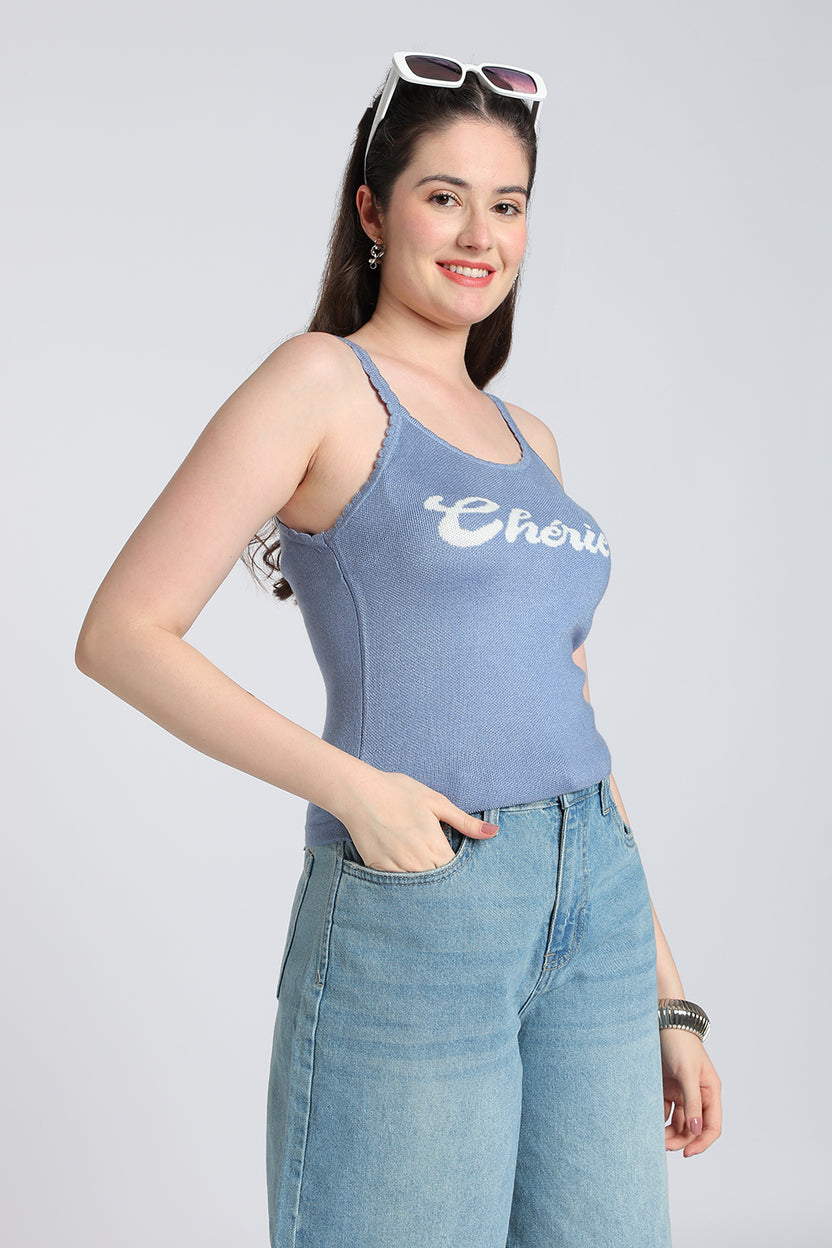 Blue Typographic Regular Fit Tank Top for Women - Image 1