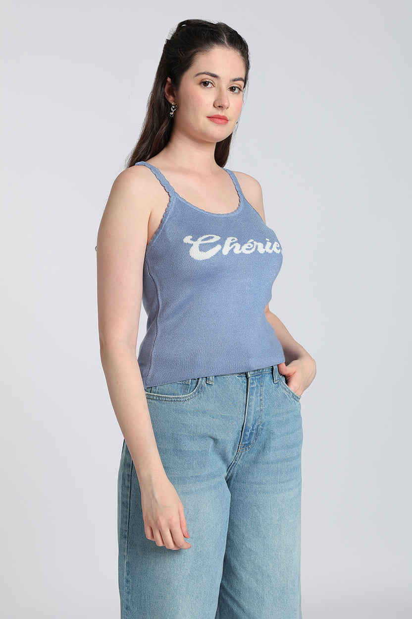 Blue Typographic Regular Fit Tank Top for Women - Image 4
