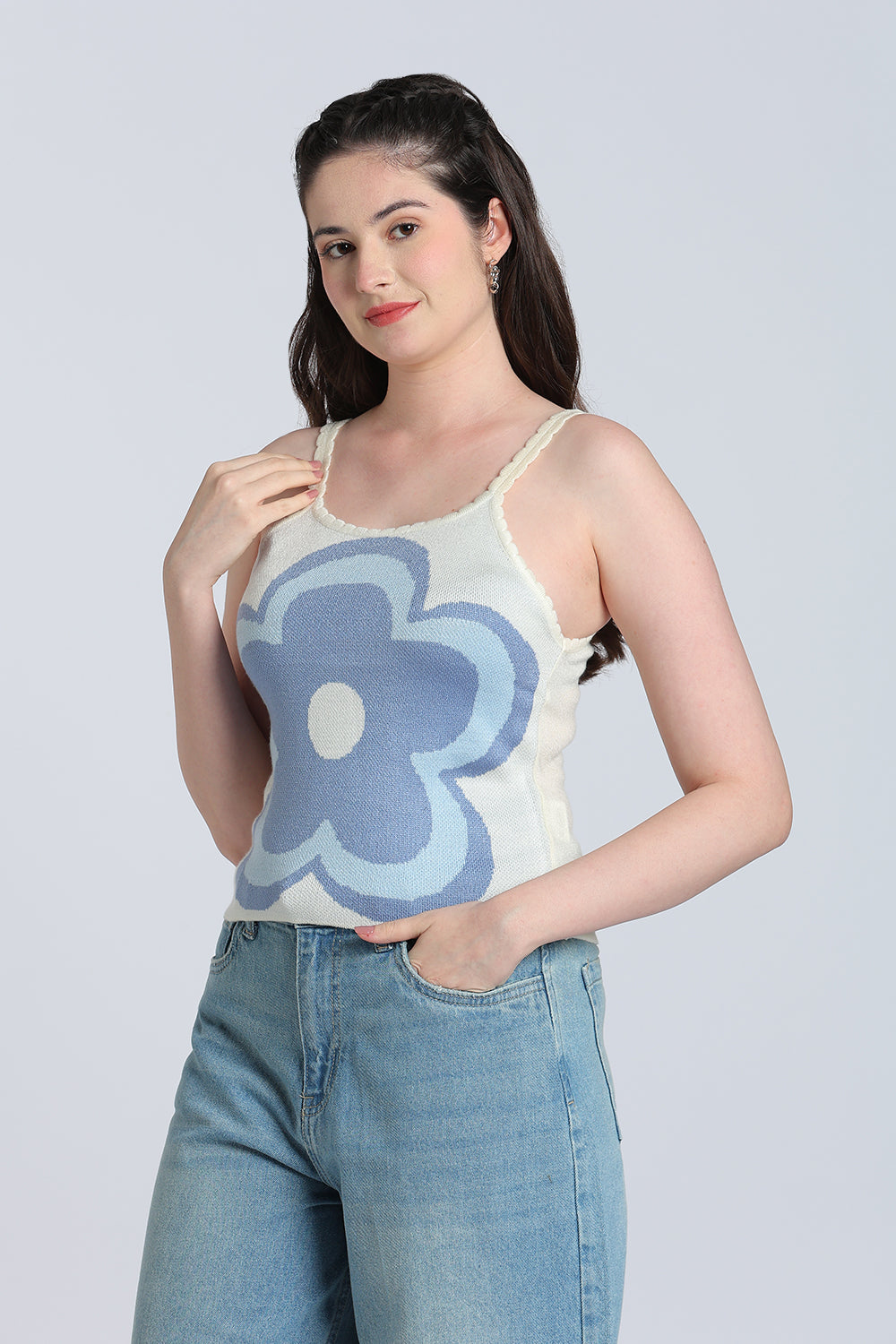 Cream Flower Regular Fit Tank Top for Women - Image 6
