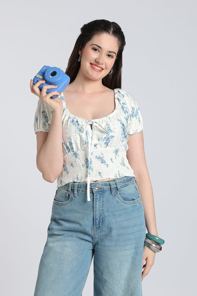 White Floral Tied Up Regular Fit Top for Women - Image 1
