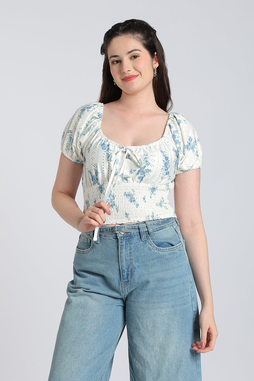 White Floral Tied Up Regular Fit Top for Women - Image 2