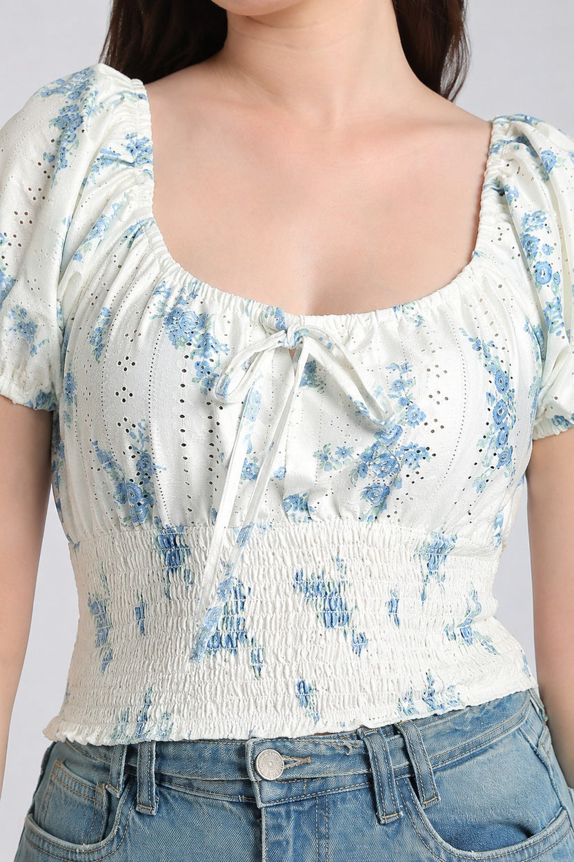 White Floral Tied Up Regular Fit Top for Women - Image 3