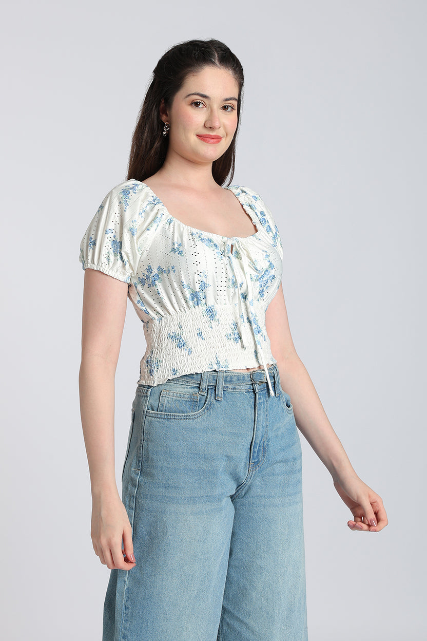 White Floral Tied Up Regular Fit Top for Women - Image 4