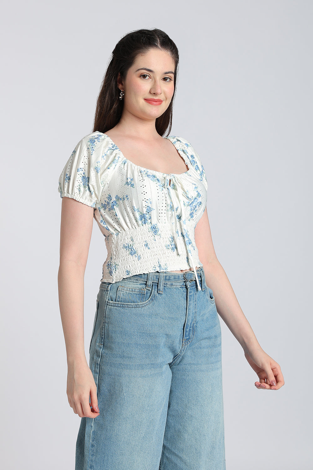 White Floral Tied Up Regular Fit Top for Women - Image 4