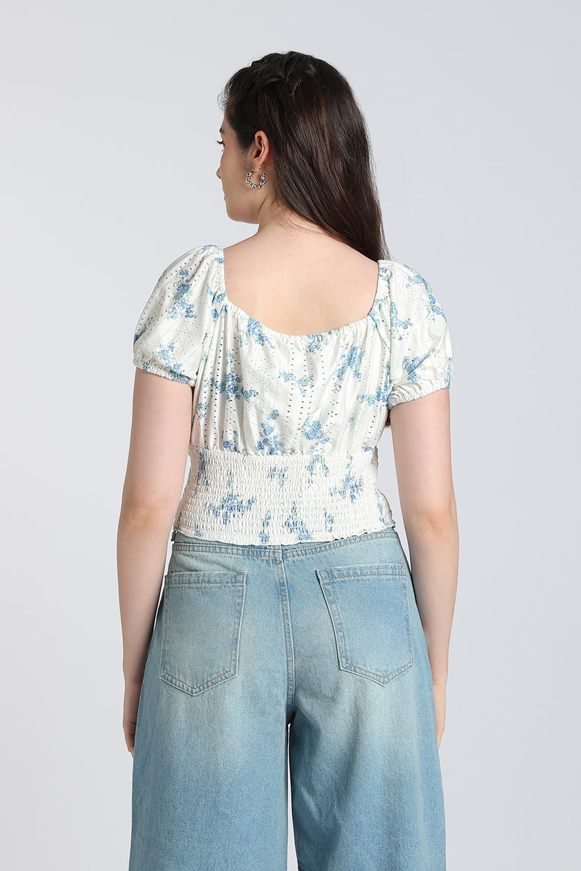 White Floral Tied Up Regular Fit Top for Women - Image 5
