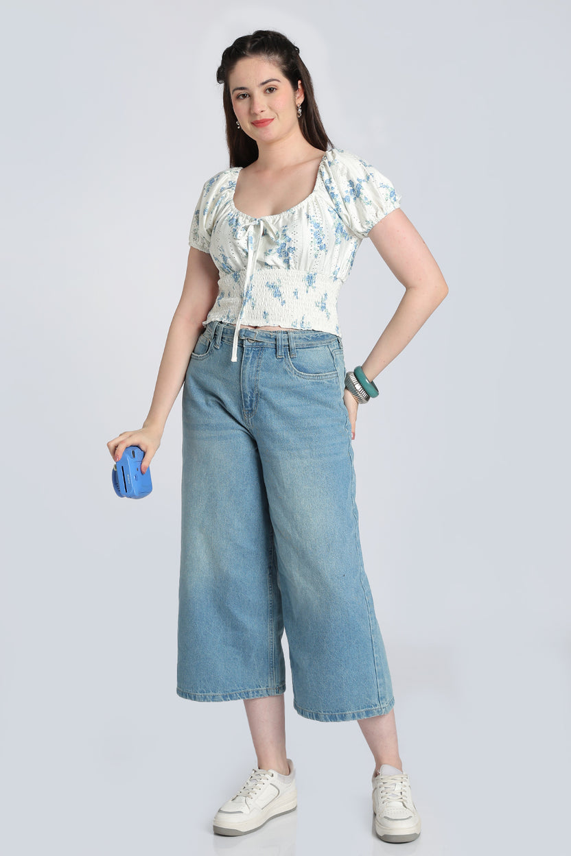 White Floral Tied Up Regular Fit Top for Women - Image 6