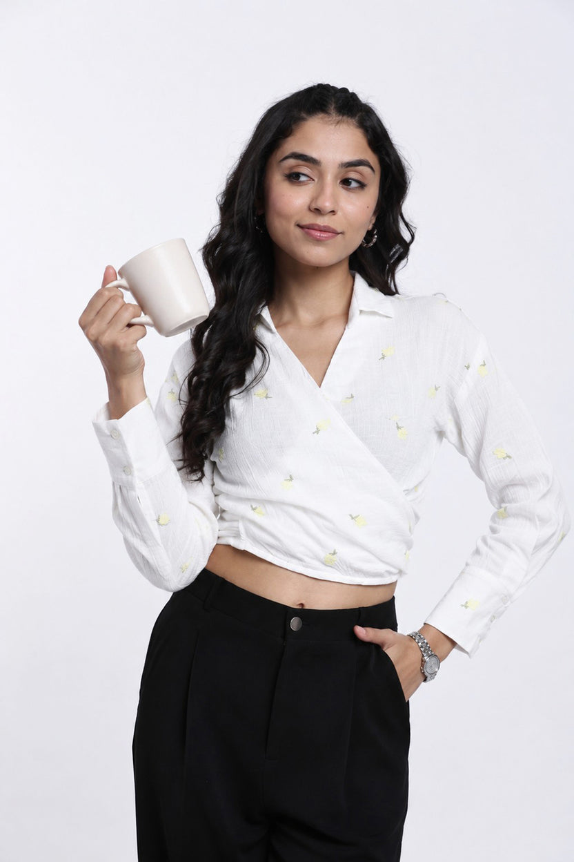 White Floral Embroidered Regular Fit Top For Women - Image 1