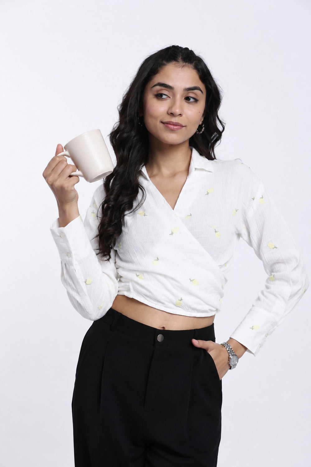 White Floral Embroidered Regular Fit Top For Women - Image 1
