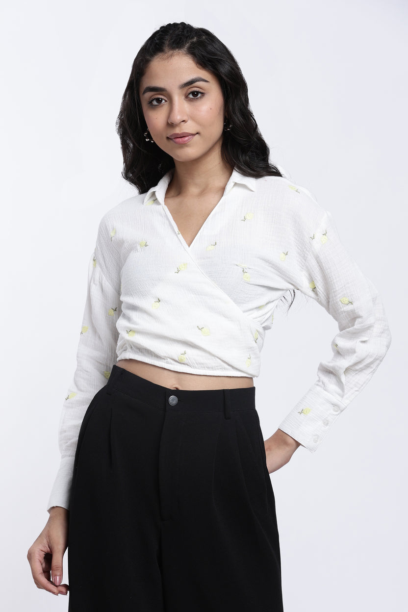 White Floral Embroidered Regular Fit Top For Women - Image 2