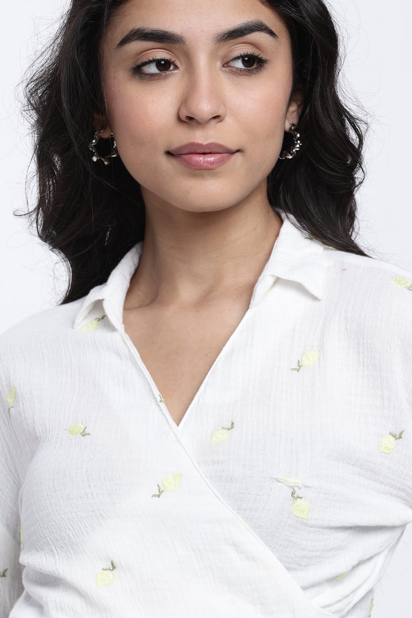 White Floral Embroidered Regular Fit Top For Women - Image 3