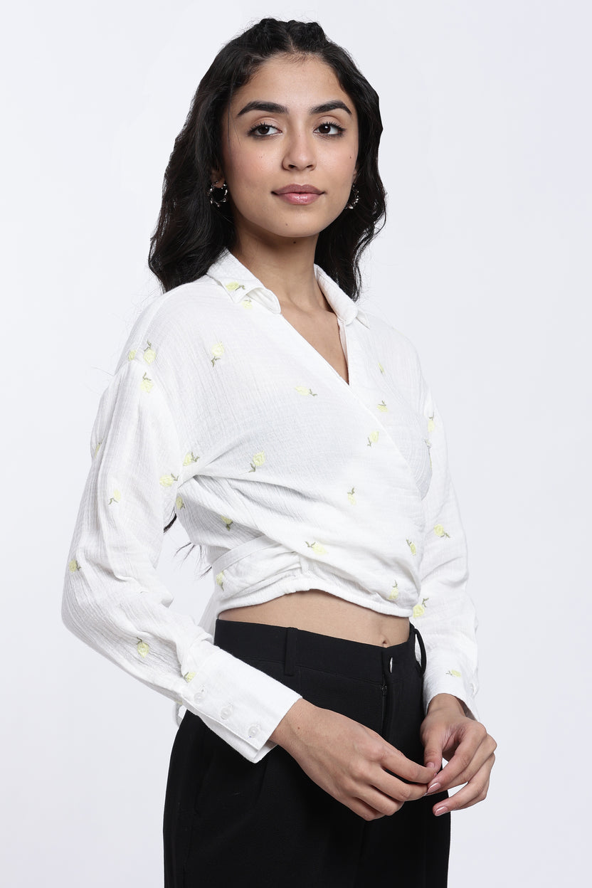 White Floral Embroidered Regular Fit Top For Women - Image 4