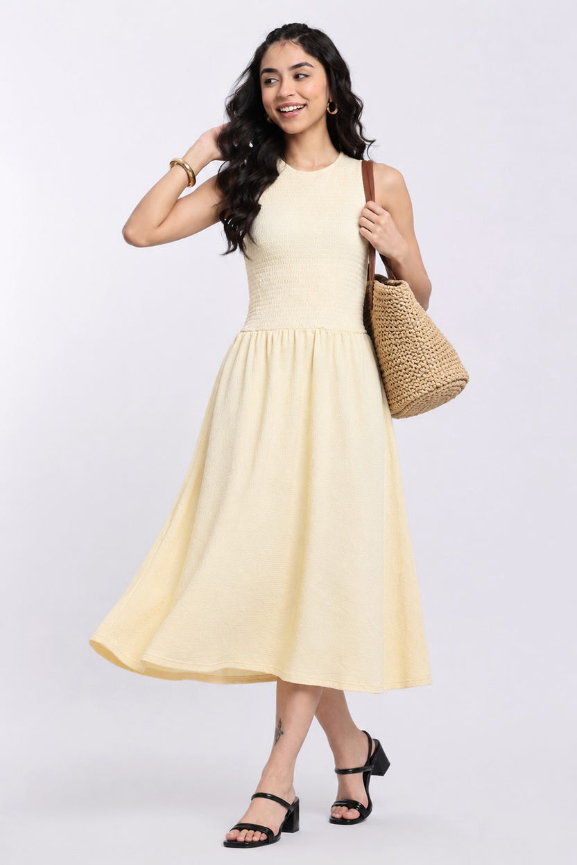 Yellow Textured Regular Fit Bodice Flared Midi Dress for Women - Image 1