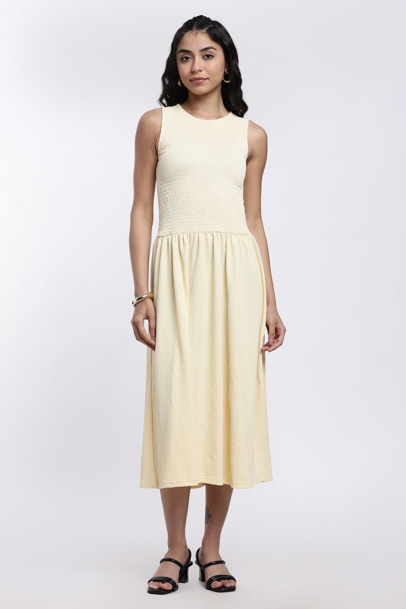Yellow Textured Regular Fit Bodice Flared Midi Dress for Women - Image 2