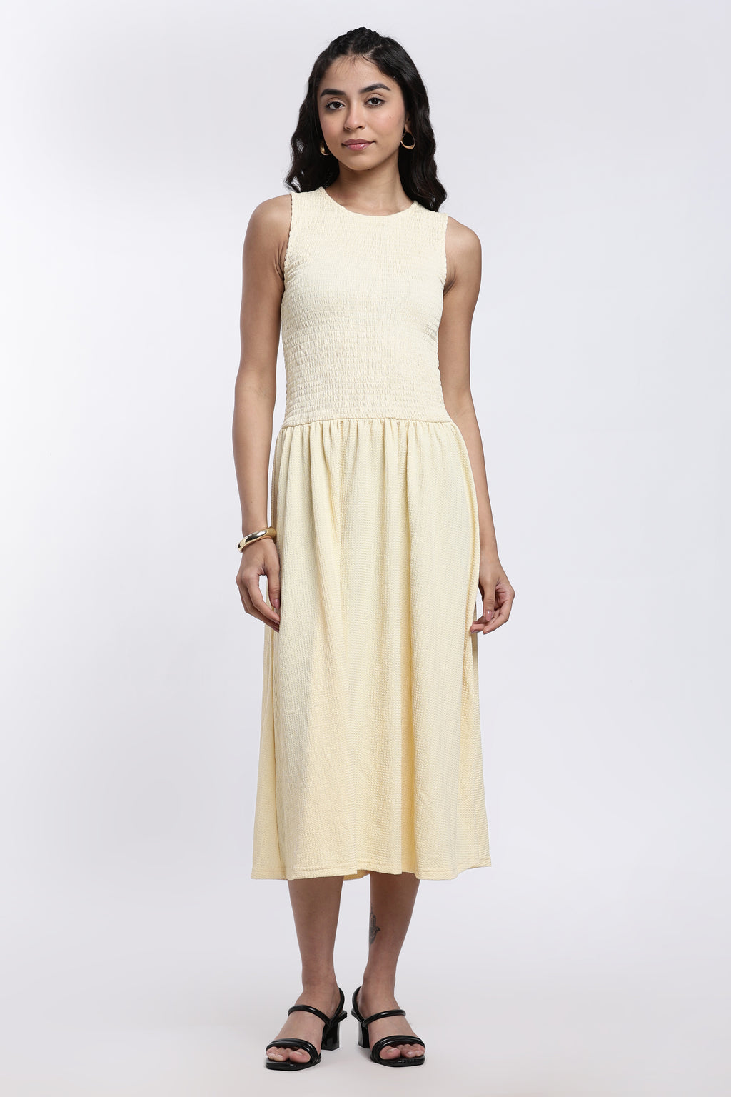 Yellow Textured Regular Fit Bodice Flared Midi Dress for Women - Image 2